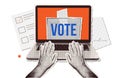 Trendy Halftone Collage banner for online election. Laptop with Hands in Torn Paper retro style. Online voting and