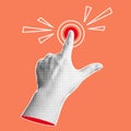 Trendy halftone collage banner with pointing hand. Finger touch, click or tap. Modern retro style. Vector illustration