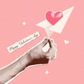 Trendy Halftone Collage hand holding Paper Airplane with heart . Love message concept. Online social media vector retro