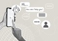 Trendy halftone collage. Interacting with a chatbot on a smartphone. The concept of using a chatbot with artificial Royalty Free Stock Photo