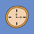 Trendy hand drawn clock in cartoon style. Business icon about time on project, deadlines, dates, achievement tasks on right time.