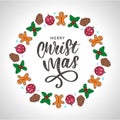 Trendy hand lettering with colorful Christmas holidays frame with traditional attributes in line style. Vector illustration