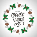 Trendy hand lettering with colorful Christmas holidays frame with traditional attributes in line style. Vector illustration
