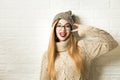 Trendy Hipster Girl in Winter Clothes Going Crazy Royalty Free Stock Photo