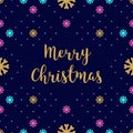 Trendy hipster Merry Christmas Card with calligraphy, snowflakes holiday pattern
