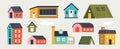 Trendy houses. Cartoon tiny buildings with hand drawn textures trees and weather elements. Vector paper cut flat colored