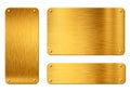 Gold metal plates with rivets isolated white on background. Shiny textures with space for your text. 3D illustration Royalty Free Stock Photo