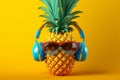 Trendy image of pineapple in headphones. Beautiful illustration picture. Generative AI