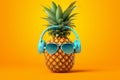 Trendy image of pineapple in headphones. Beautiful illustration picture. Generative AI