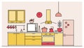 Trendy interior of kitchen full of modern furniture, household appliances, cookware, cooking facilities, tools