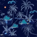 Trendy Island and palm trees hand drawing sketch line in seamless pattern vectoe for fashion fabric and all prints