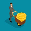 Trendy isometric people, 3d businessman, concept with young businessman, carry money on estrus, gold, rich businessman