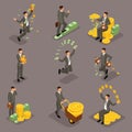 Trendy isometric people, 3d businessman, concept with young businessman, money, success, gold, wealth, joy, work, movement Royalty Free Stock Photo