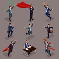 Trendy isometric people, 3d businessman, concept with young businessman, money, award, success, joy, work, movement, startup Royalty Free Stock Photo