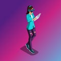 Trendy Isometric people and gadgets, a teenager, a young girl, student, uses hi tech technology, phone, pad, play, virtual reality