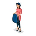 Trendy Isometric people and gadgets, a teenager, a young girl, a stylish, student, uses hi tech technology, backpack isolated