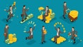 Trendy isometric people vector, 3d businessmen money attachments, business scene with young businessman, investment, lots of cash