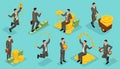 Trendy isometric people vector, 3d businessmen money attachments, business scene with young businessman, investment