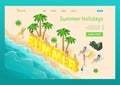 Trendy isometric people vector, 3d girls word summer, beach recreation, girls in swimsuit, palms, sand bright summer