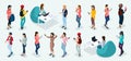 Trendy isometric vector people, 3d person teenagers, modern girl and gadgets, freelancers, startup, coworking