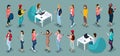 Trendy isometric vector people, 3d person teenagers, modern girl and gadgets, freelancers, startup, coworking, office work