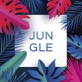 Trendy Jungle banner. Paper cut Tropical palm leaves, plants. Exotic. Hawaiian. Space for text. Square frame. Bright