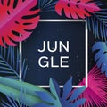 Trendy Jungle banner. Paper cut Tropical palm leaves, plants. Exotic. Hawaiian. Space for text. Square frame. Bright