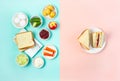 Trendy Korean sandwich inkigayo with ingredients on two-color pastel background, top view, horizontal Royalty Free Stock Photo