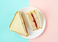 Trendy Korean sandwich inkigayo on a plate on two-color pastel background, top view Royalty Free Stock Photo