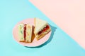 Trendy Korean sandwich inkigayo on two-color pastel background, top view, horizontal orientation Royalty Free Stock Photo