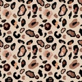 Watercolor cheetah print. Leopard coat seamless pattern on warm brown beige background. Wild animal skin