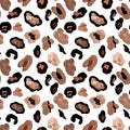 Leopard skin print with brown, beige and black spots on white background. Wild exotic animal print, hand painted Royalty Free Stock Photo