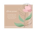 Trendy linear peony flower background with text box in pale red, green, brown