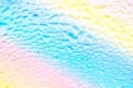 Trendy liquid texture background. Transparent water rain drops patterns on glass. Gradient rainbow pastel colors. Abstract backdro