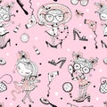 Trendy little cute girls who want to look like adults. Fashionistas with women`s accessories. Seamless pattern. Vector