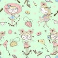 Trendy little cute girls who want to look like adults. Fashionistas with women`s accessories. Seamless pattern. Vector