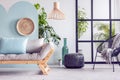 Trendy living room interior with white and blue wall and comfortable couch Royalty Free Stock Photo