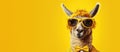 trendy llama over yellow background, panoramic layout.