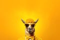 trendy llama in sunglasses over yellow background.