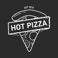 Trendy logo with pizza slice and ribbon, tape or strip hand drawn with contour lines on black background. Monochrome