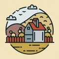Trendy logotype with farmhouse or ranch house and hills covered with cultivated fields. Circular logo with rural scenery