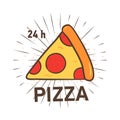 Trendy logotype with pizza slice and radial rays on white background. Colorful vector illustration hand drawn in retro