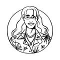 Trendy man with long hair, face avatar in circle. Fashion modern guy in sunglasses, Hawaiian shirt, necklace. Head