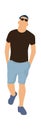 Trendy man walking. Cartoon character goes with hands in pockets. Isolated guy wears t-shirt and shorts. Handsome