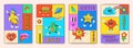 Trendy mascot posters. Cartoon funny retro characters square cards on psychedelic poster, trippy groovy flower bright