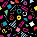 Trendy Memphis style seamless pattern with trendy geometric shapes on black background