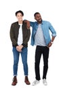 Trendy men and friends portrait in studio of full body in edgy, cool and casual person fashion. Happy interracial Royalty Free Stock Photo