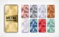 Trendy metallic vertical background set. Vector shiny distressed golden, silver, blue, rose gold, red grunge texture on