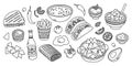 Trendy Mexican food line art black and white. Line art vector hand drawn doodle cartoon set of Mexican Food theme Royalty Free Stock Photo