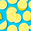 Trendy minimal summer seamless pattern with whole, sliced fresh fruit lemon on color background